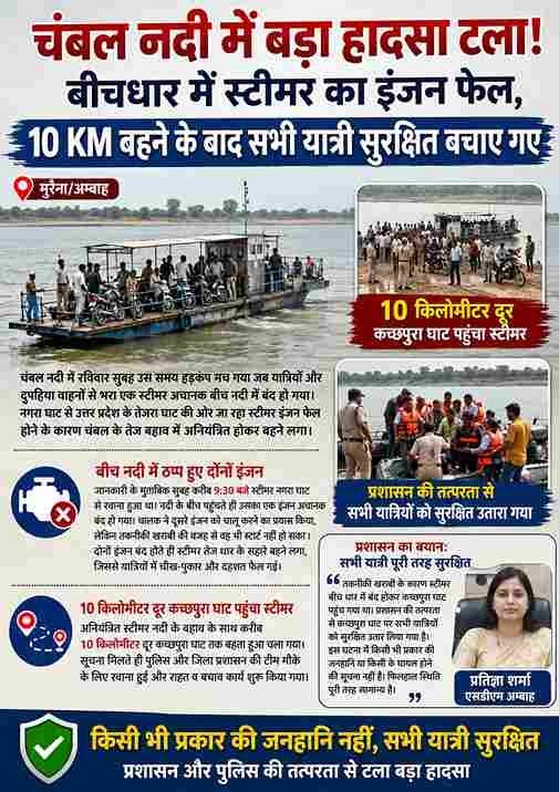 चंबल में स्टीमर का इंजन फेल, 10 KM बहने के बाद यात्री सुरक्षित
