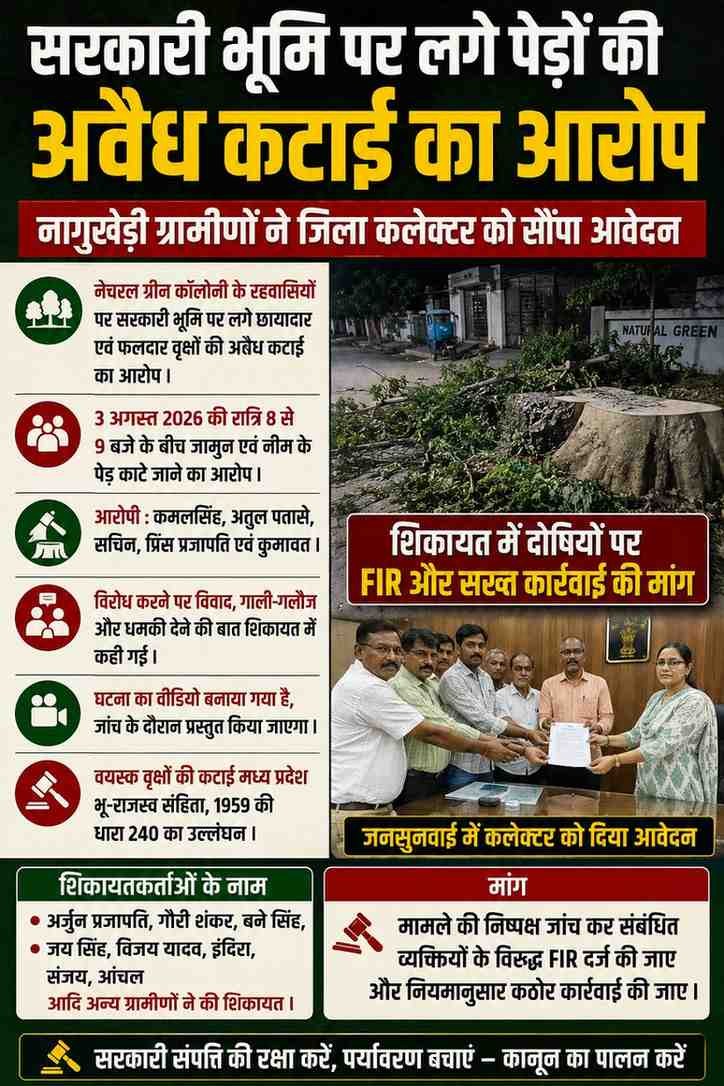 सरकारी भूमि पर नीम और जामुन के पेड़ काटने का आरोप, कलेक्टर से कार्रवाई की मांग