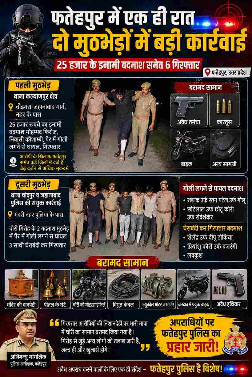 फतेहपुर में एक रात दो पुलिस मुठभेड़, 25 हजार का इनामी समेत 6 बदमाश गिरफ्तार